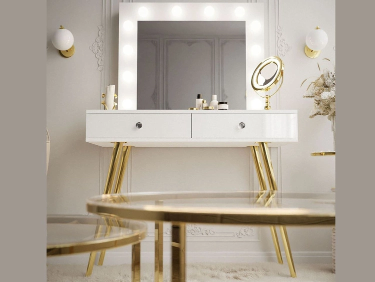 Toaletka glamour z szufladami, lustrem i oświetleniem LED Olivine biały połysk