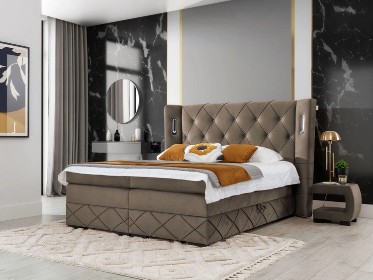 Łóżko kontynentalne z pojemnikiem na pościel 140x200 Neria Lux Brązowe