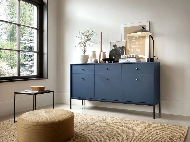 Komoda z drzwiami i szufladami na czarnych nóżkach 154 cm Amor Granatowa