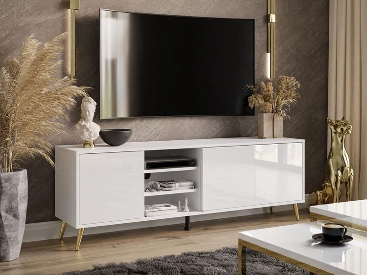 Szafka RTV pod telewizor z drzwiczkami na złotych nogach Vivance Biały połysk