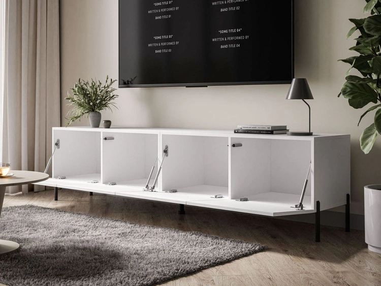 Szafka RTV pod telewizor z drzwiczkami na czarnych nóżkach 200 cm Nodoo Biały połysk