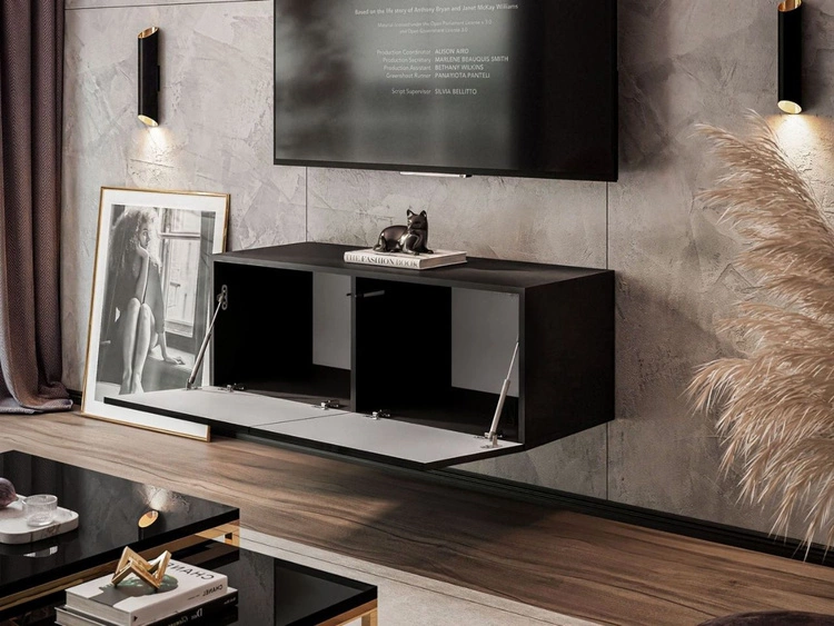 Wisząca szafka RTV pod telewizor z drzwiczkami i oświetleniem LED 100 cm Nodoo Czarny połysk