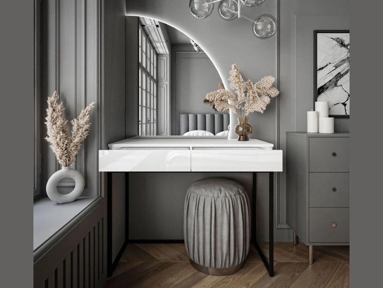 Toaletka kosmetyczna prawostronna z szufladami i oświetleniem LED na czarnych nogach Clarette Biały połysk