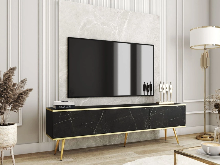 Szafka pod telewizor z drzwiczkami 175 cm z gładkim frontem Diolo Czarny marmur na złotych nogach