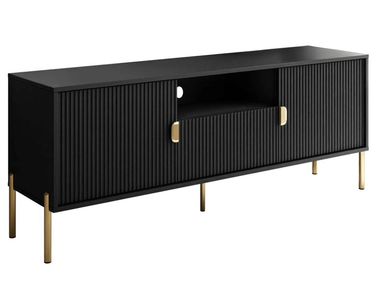 Szafka RTV dwudrzwiowa na złotych nogach z szufladą Orlean czarny mat