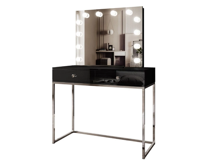 Toaletka glamour z szufladami, lustrem i oświetleniem LED Brisa czarny połysk