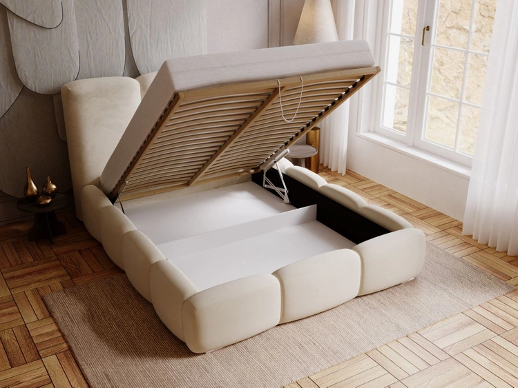 Łóżko tapicerowane z pojemnikiem i stelażem 140x200 cm Bubble Beżowe