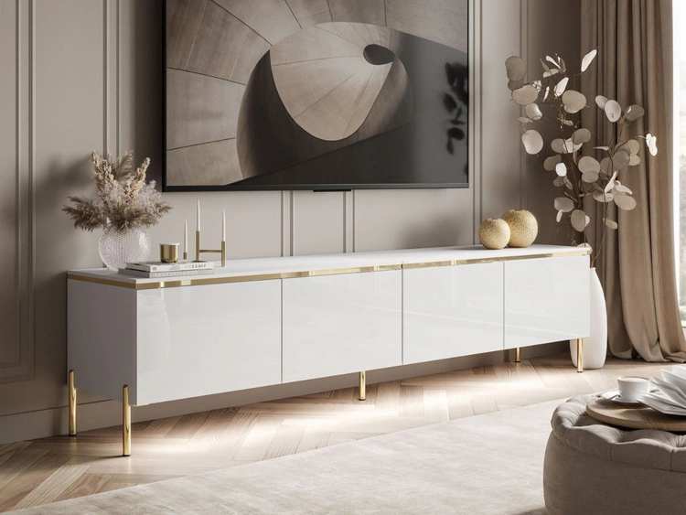 Szafka RTV w stylu glamour z oświetleniem LED Celle biały połysk