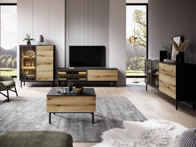 Szafka pod telewizor z drzwiczkami 180 Loara Czarna, Dąb Evoke