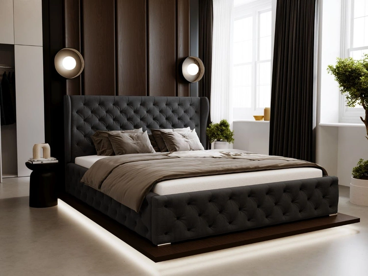 Łóżko tapicerowane z pojemnikiem na pościel i stelażem 160x200 Kingston Czarne