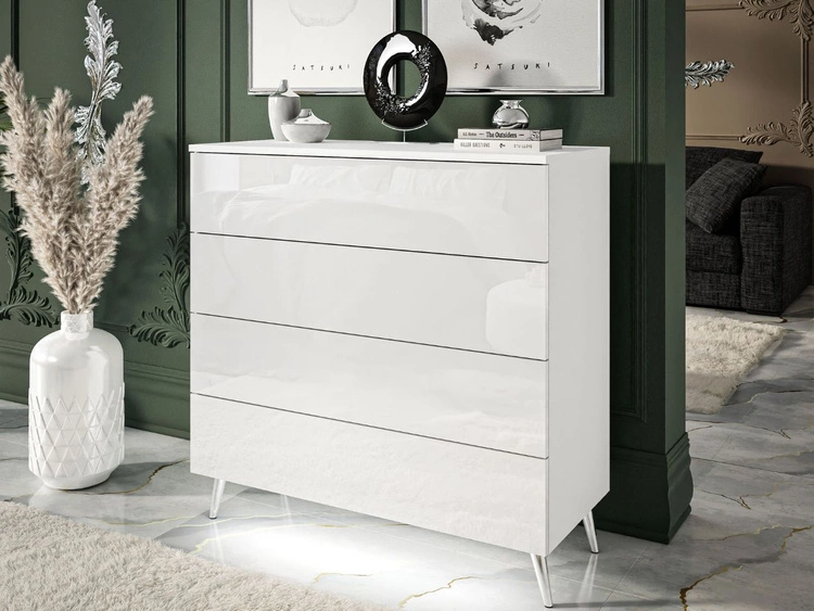 Komoda z czterema szufladami i oświetleniem LED na srebrnych nóżkach Nuveo Biały połysk