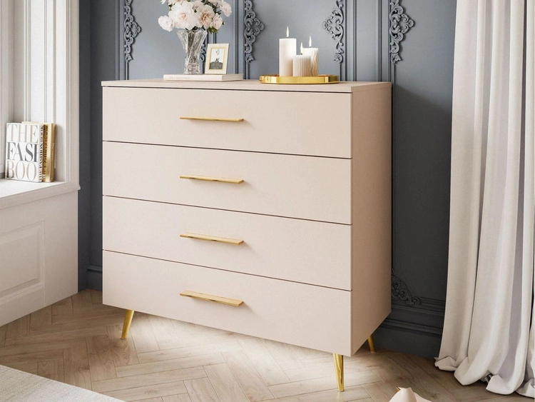 Komoda z szufladami i oświetleniem LED na złotych nogach Nuveo Kaszmir