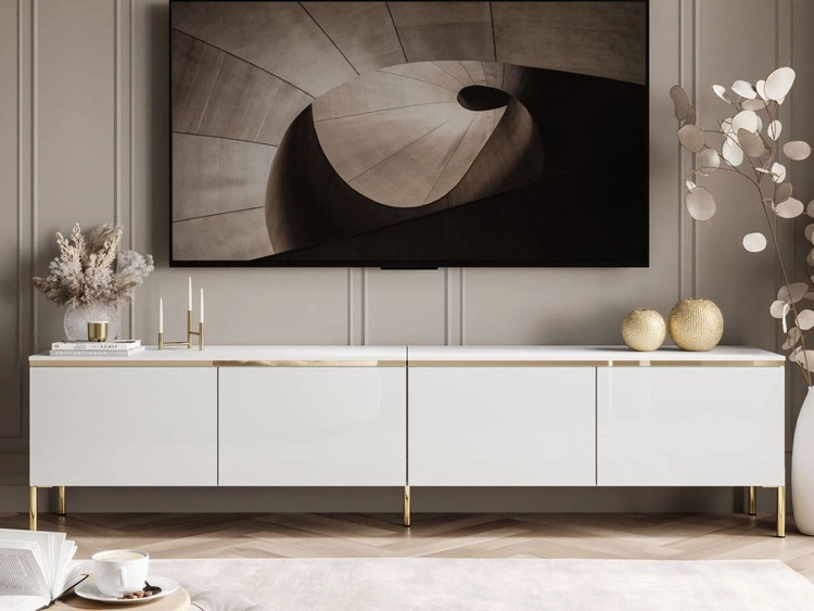 Szafka RTV w stylu glamour z oświetleniem LED Celle biały połysk