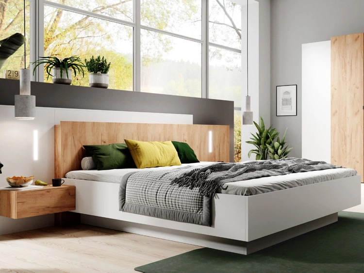 Łóżko drewniane z stolikami nocnymi 160x200 Morten Biały, Dąb Craft Złoty