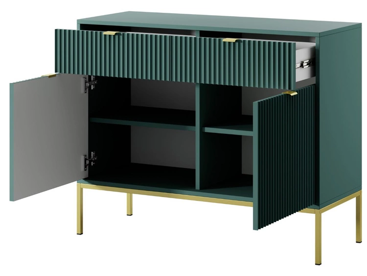 Komoda z drzwiami i szufladami Amber zielona na złotych nogach