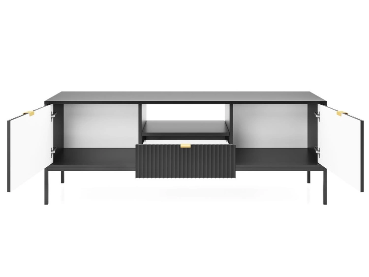 Szafka pod telewizor z szufladami i drzwiczkami Amber czarna na czarnych nogach