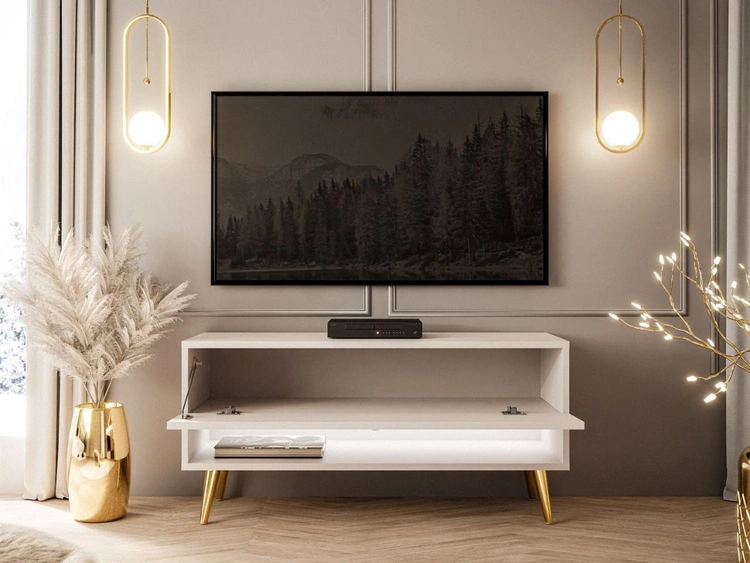 Szafka RTV 90 cm do salonu z oświetleniem LED i złotymi nóżkami Aurelie Kaszmir mat