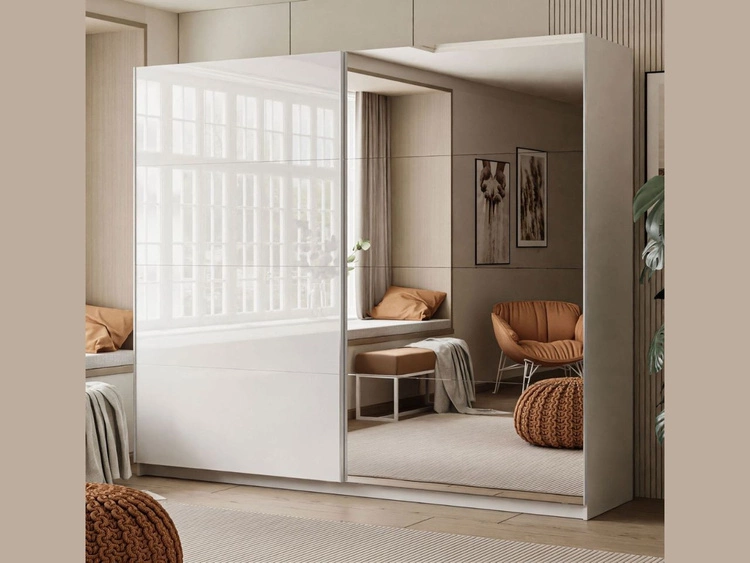 Szafa dwudrzwiowa z drzwiami przesuwnymi i lustrem 244 cm Nuveo Biały połysk