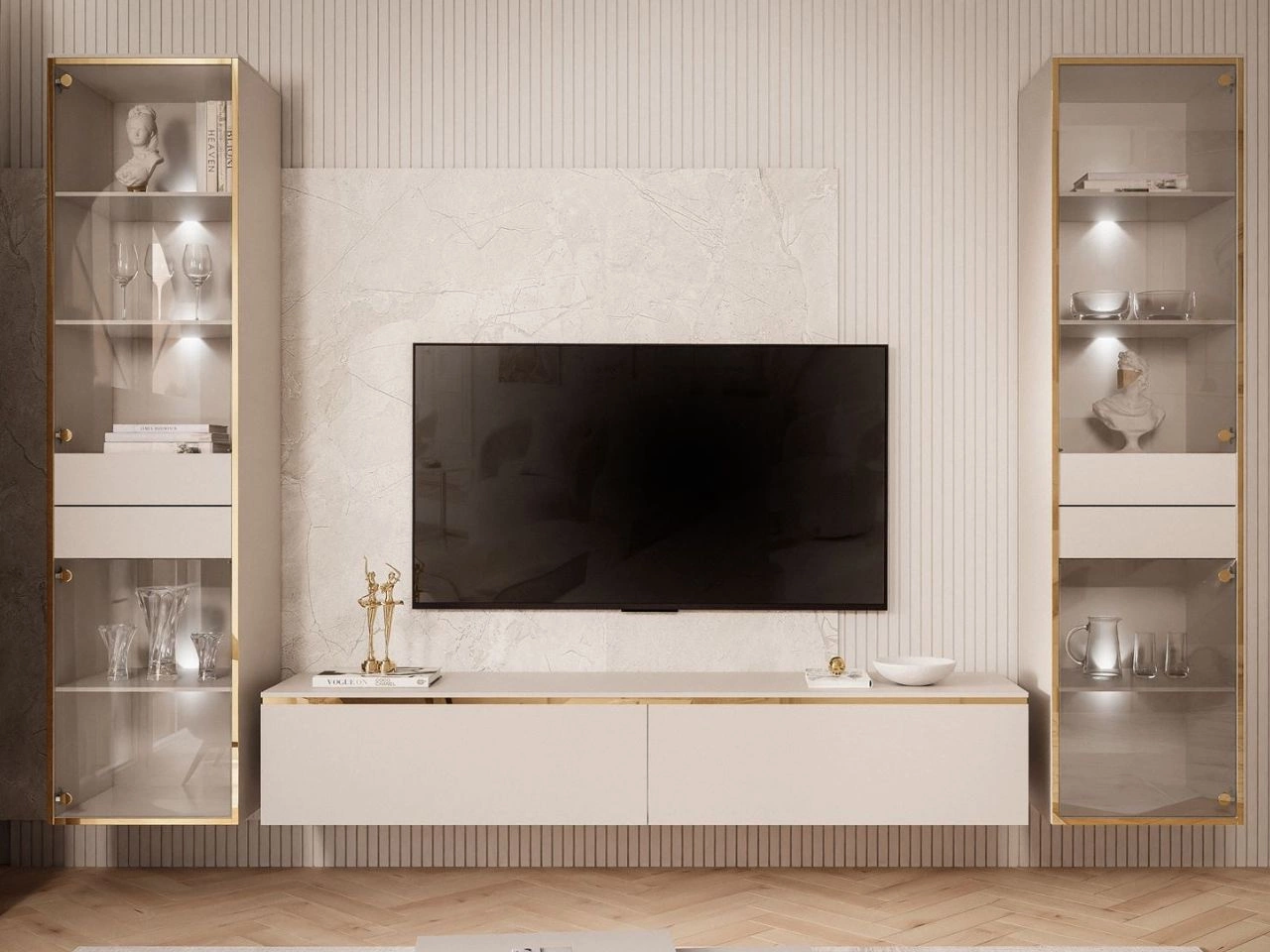 Zestaw mebli wiszących do salonu z dwiema witrynami i oświetleniem LED w stylu glamour Evare Kaszmir