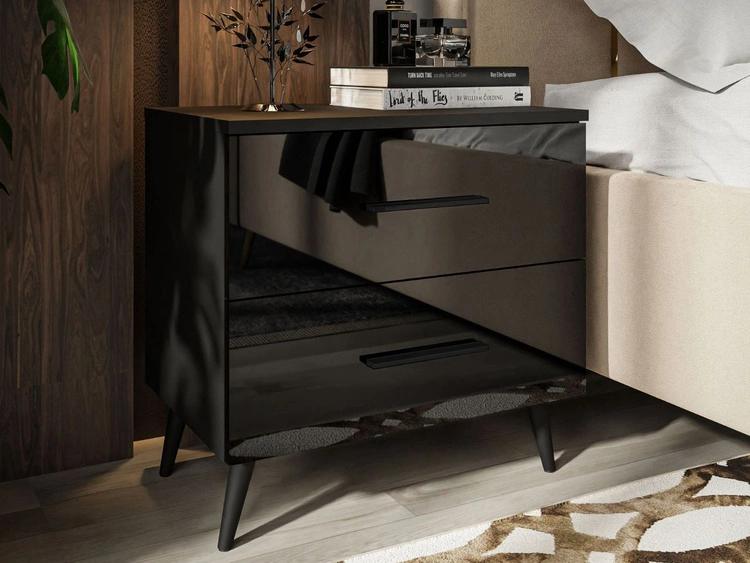 Stolik nocny z szufladami na czarnych nogach Nuveo Czarny połysk