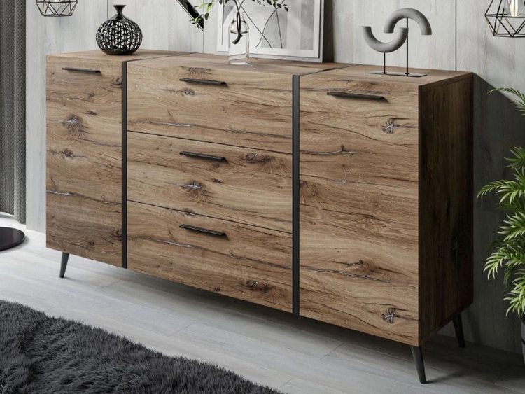 Dwudrzwiowa komoda 158 cm z trzema szufladami i czarnymi uchwytami Lunelie dąb Flagstaff