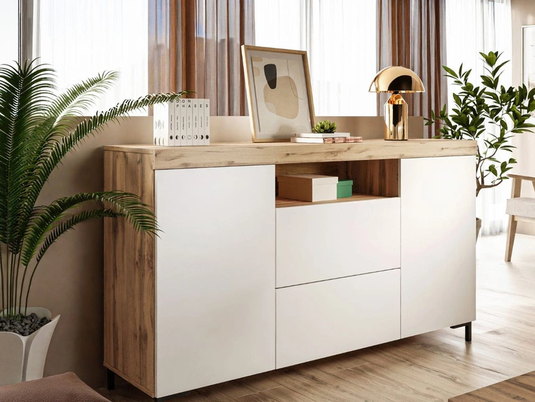 Dwudrzwiowa komoda 164 cm w stylu loft Asumi biały mat i dąb wotan