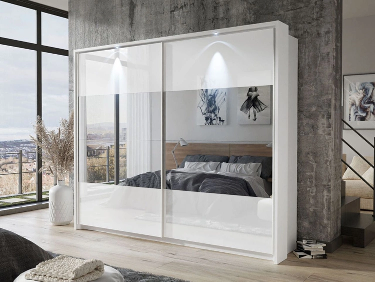 Szafa dwudrzwiowa z drzwiami przesuwnymi, nadstawką i lustrem 254 cm Nuveo Biały połysk