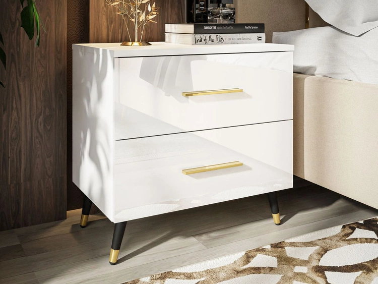 Stolik nocny z szufladami na czarno-złotych nogach Nuveo Biały połysk