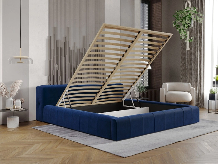 Łóżko tapicerowane z pojemnikiem i stelażem 160x200 Lipari Niebieski