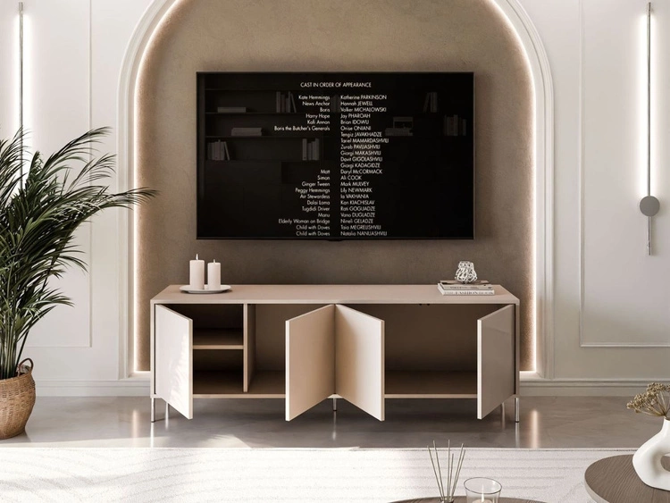 Szafka RTV glamour pod telewizor z drzwiczkami na srebrnych prostych nogach Vivance Kaszmir połysk