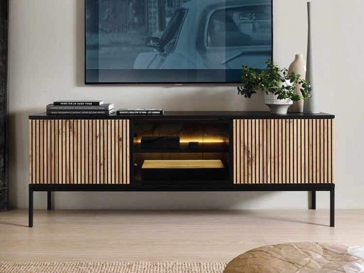 Szafka pod telewizor z szufladami, drzwiczkami i oświetleniem LED Deo Dąb Wotan