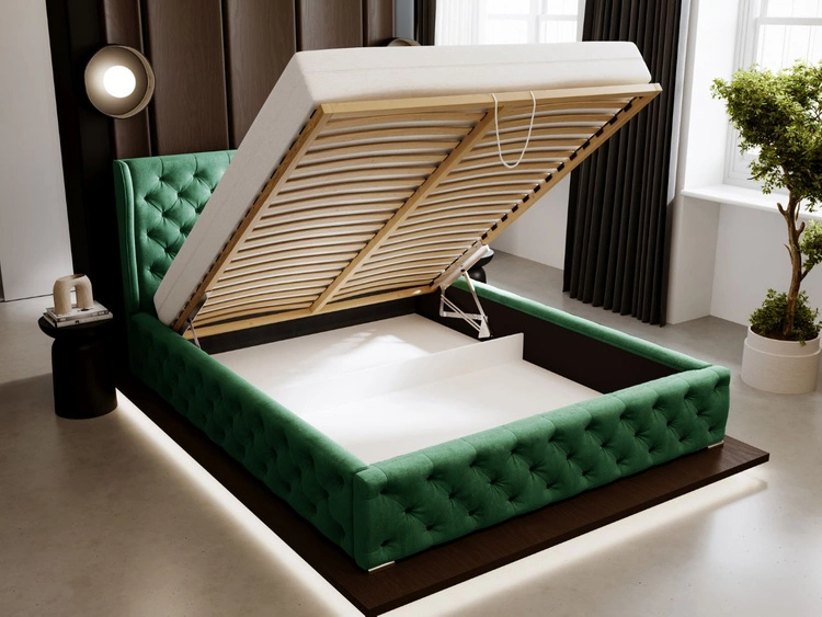 Łóżko tapicerowane z pojemnikiem na pościel i stelażem 120x200 Kingston Zielone
