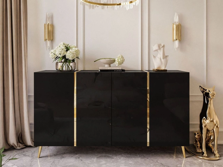 Czterodrzwiowa komoda 158 cm w stylu glamour na złotych nogach Lunelie czarny połysk