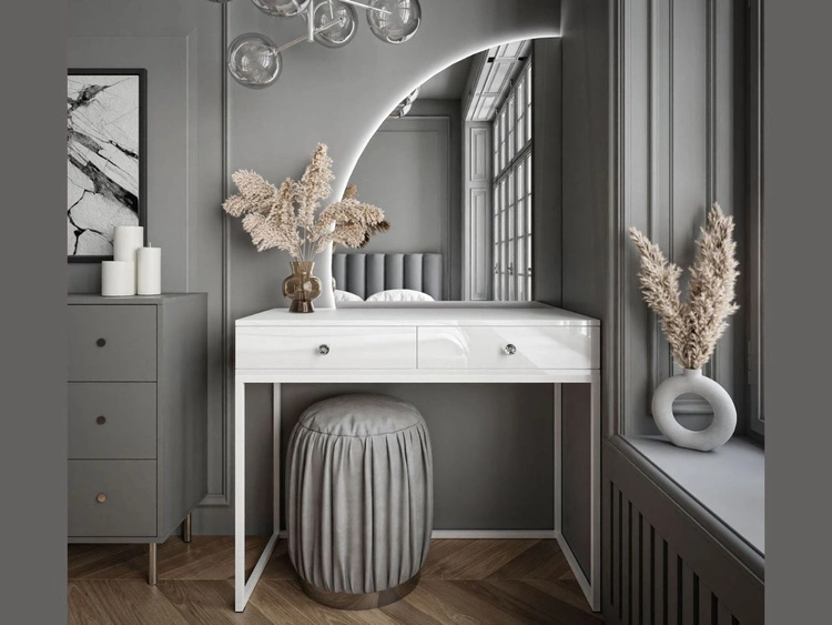 Toaletka kosmetyczna lewostronna z szufladami i oświetleniem LED na białych nogach Clarette Biały połysk