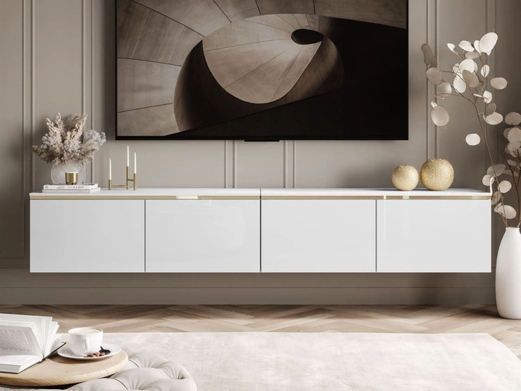 Szafka RTV wisząca w stylu glamour z oświetleniem LED Celle biały połysk