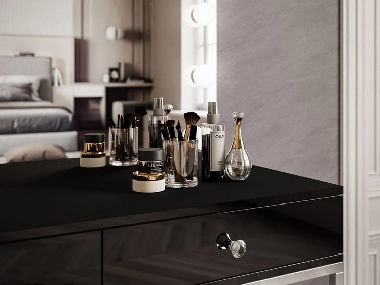 Toaletka glamour z szufladami, lustrem i oświetleniem LED Brisa czarny połysk