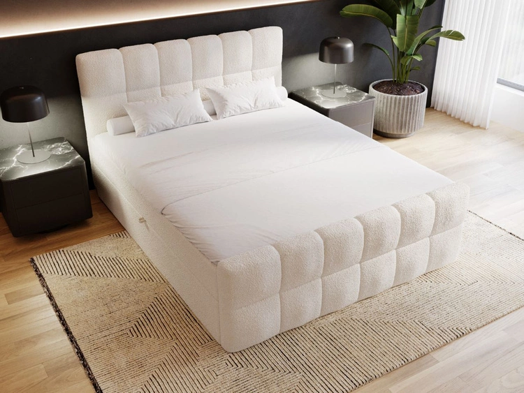 Łóżko kontynentalne z pojemnikiem na pościel 140x200 Alicante w tkaninie bouclé Beżowe