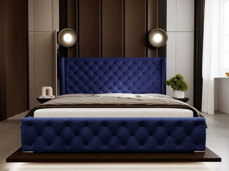 Łóżko tapicerowane z pojemnikiem na pościel i stelażem 140x200 Kingston Ciemnoniebieskie