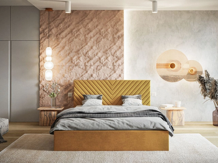 Łóżko tapicerowane z pojemnikiem i stelażem 160x200 Esma Żółte