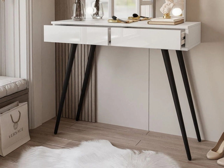 Toaletka kosmetyczna w stylu glamour z czarnymi nogami, lustrem i oświetleniem LED Olivine Elite biały połysk