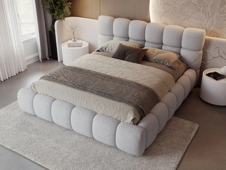 Łóżko tapicerowane z pojemnikiem na pościel i stelażem 140x200 Modo w tkaninie bouclé Szare