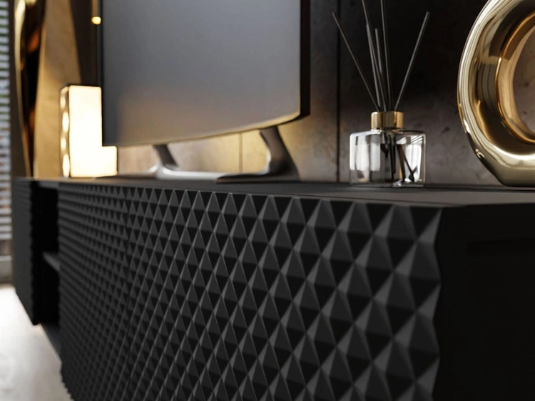 Szafka RTV z czarnymi prostymi nóżkami i frezowanymi frontami 3D Celiane czarny mat