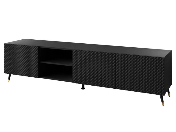 Szafka RTV z metalowymi czarno-złotymi nóżkami i frezowanymi frontami 3D Celiane czarny mat