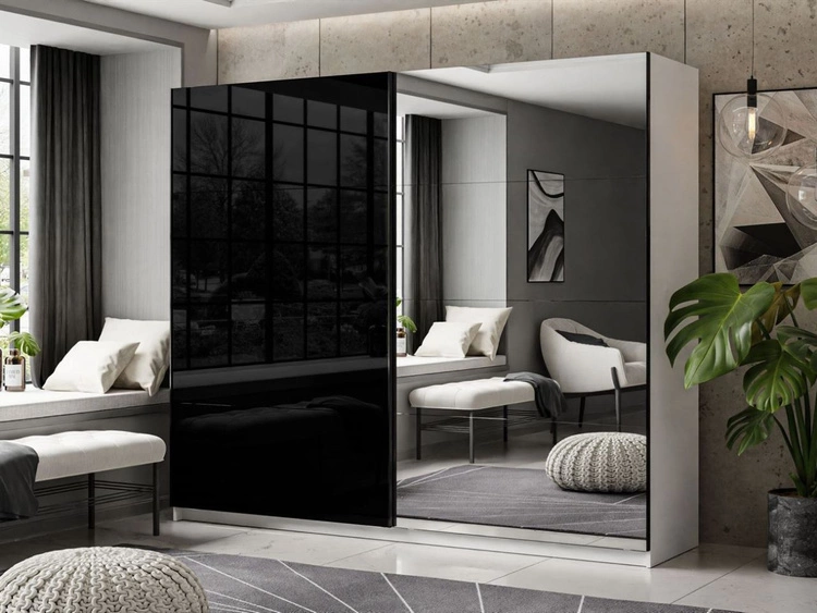 Szafa dwudrzwiowa z drzwiami przesuwnymi i lustrem 244 cm Nuveo Czarno-Biały Połysk