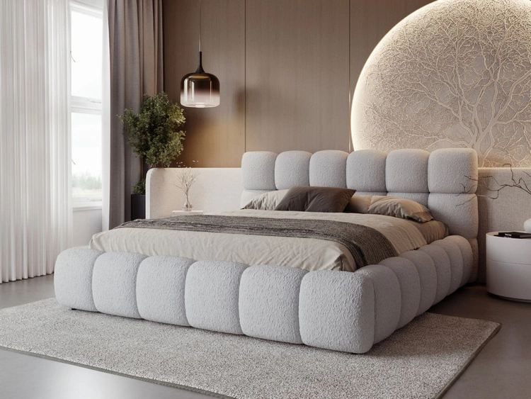 Łóżko tapicerowane z pojemnikiem na pościel i stelażem 140x200 Modo w tkaninie bouclé Szare