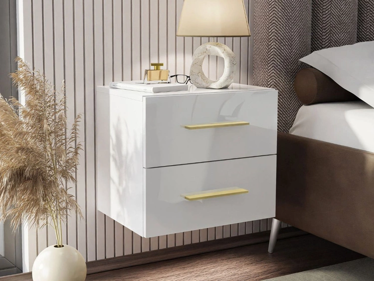 Podwieszany stolik nocny z dwoma szufladami Nuveo Lux Biały połysk