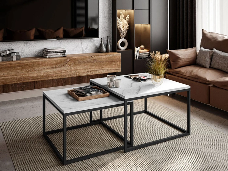 Stolik kawowy na czarnym metalowym stelażu z imitacją białego marmuru Asumi 40x46