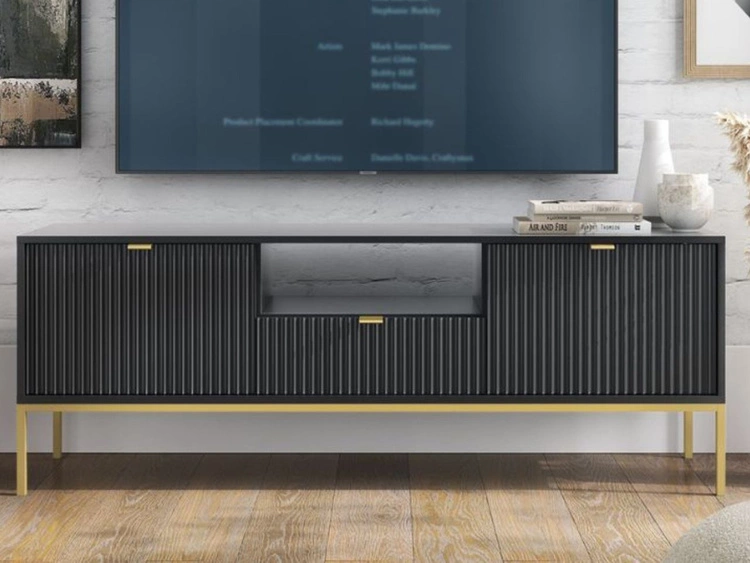 Szafka pod telewizor z szufladami i drzwiczkami Amber czarna na złotych nogach