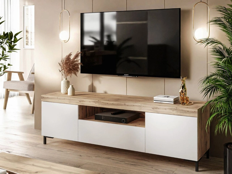 Zestaw mebli do salonu - szafka RTV i komoda na czarnych nóżkach Asumi Biały i dąb wotan