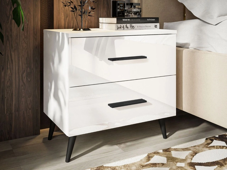 Stolik nocny z szufladami na czarnych nogach Nuveo Biały połysk